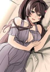 Rule 34 | 1girl, absurdres, bed, breasts, brown eyes, brown hair, cherry blossoms, cleavage, cowboy shot, flower, hair flower, hair ornament, highres, kantai collection, large breasts, long hair, looking at viewer, lying, nightgown, on bed, on side, pillow, ponytail, pov across bed, sleepwear, smile, solo, unfinished, yamato (kancolle), yunamaro