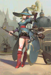 Rule 34 | 1girl, animal, arm up, belt, belt buckle, belt pouch, bird, blonde hair, blue coat, blue eyes, boots, breasts, brown gloves, buckle, building, coat, cowboy shot, day, full body, gloves, gradient hair, gun, hat, high heel boots, high heels, holding, holding gun, holding weapon, knee boots, layered sleeves, long sleeves, medium breasts, multicolored hair, o o joo, open belt, orange hair, outdoors, owl, pouch, red footwear, sash, shaded face, short hair, short over long sleeves, short sleeves, silhouette, single glove, solo, standing, statue, talons, town, waistcoat, weapon