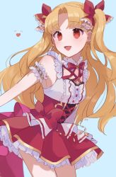 Rule 34 | 1girl, :d, bad id, bad pixiv id, blonde hair, blush, breasts, commentary request, corset, dress, earrings, ereshkigal (fate), ereshkigal (flower sunshine) (fate), fate/grand order, fate (series), flower sunshine, frills, hair ribbon, heart, jewelry, long hair, meloettta, open mouth, parted bangs, red eyes, red skirt, ribbon, skirt, small breasts, smile, solo, two side up, white dress