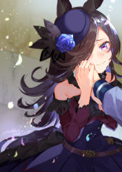 Rule 34 | 1girl, animal ears, artist name, bare shoulders, blue dress, blush, brown hair, commentary request, crying, crying with eyes open, dress, flower, hair flower, hair ornament, hair over one eye, holding hands, hand on another&#039;s cheek, hand on another&#039;s face, hat, hat over one eye, highres, horse ears, long hair, long sleeves, off-shoulder dress, off shoulder, one eye covered, out of frame, purple eyes, rice shower (umamusume), shinonome neko-tarou, smile, solo focus, tears, umamusume, upper body