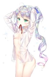 Rule 34 | 1girl, ahoge, arms up, azur lane, bad id, bad pixiv id, blue ribbon, blush, breasts, closed mouth, collared shirt, commentary request, dress shirt, green eyes, groin, high ponytail, l&#039;opiniatre (azur lane), long hair, mouth hold, naked shirt, navel, nipples, open clothes, open shirt, ponytail, qlakwnd, red ribbon, ribbon, ribbon in mouth, ringlets, see-through, see-through shirt, shirt, silver hair, simple background, small breasts, solo, tying hair, very long hair, white background, white shirt