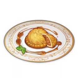 Rule 34 | artist request, commentary, english commentary, food, food focus, game cg, genshin impact, leaf, lowres, no humans, official art, pie, plate, sauce, simple background, still life, third-party source, transparent background
