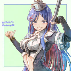 Rule 34 | 1girl, absurdres, black jacket, black necktie, blue eyes, blue hair, breasts, crop top, dated, grin, highres, holding, jacket, kantai collection, long hair, long sleeves, medium breasts, mitsu plus, multicolored hair, navel, necktie, one-hour drawing challenge, red hair, simple background, smile, solo, south dakota (kancolle), star (symbol), thumbs up, twitter username, upper body, white hair