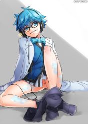 Rule 34 | 1boy, blue hair, bottomless, fate/extra ccc, fate/grand order, fate (series), hans christian andersen (fate), krtt, looking at viewer, male focus, penis, sitting, smile, solo, tagme, testicles, undressing