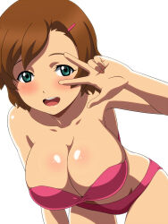 Rule 34 | 1girl, ass, breasts, brown hair, female focus, green eyes, gundam, gundam age, highres, kh-fullhouse, large breasts, open mouth, romary stone, short hair, swimsuit