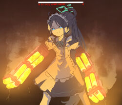 Rule 34 | apron, aris (blue archive), armored core, armored core 6, black hair, blue archive, blue eyes, chainsaw, crossover, glowing, glowing weapon, halo, highres, long hair, maid, maid apron, maid headdress, neck ribbon, ribbon, smoke, weapon
