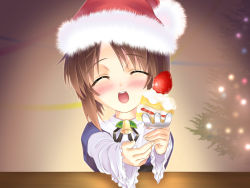 Rule 34 | 00s, 1girl, bell, blush, brown hair, cake, christmas, christmas tree, closed eyes, food, fruit, giving, hat, highres, open mouth, pastry, rozen maiden, santa hat, short hair, solo, souseiseki, strawberry, strawberry shortcake, tachibana surimu, upper body