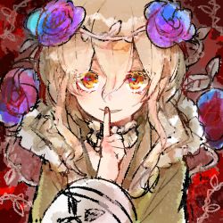 Rule 34 | 10s, 1girl, blonde hair, cranberry (mahoiku), finger to mouth, flower, index finger raised, mahou shoujo ikusei keikaku, mahou shoujo ikusei keikaku unmarked, rose, solo, umesasami