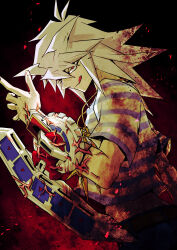 Rule 34 | 1boy, :q, commentary request, duel disk, grey hair, highres, long hair, looking at viewer, male focus, red eyes, shirt, smile, spiked hair, striped clothes, striped shirt, tongue, tongue out, veins, yagamikan, yami bakura, yu-gi-oh!, yu-gi-oh! duel monsters