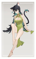 Rule 34 | 1girl, absurdres, animal ear fluff, animal ears, ankle bell, arm support, bare arms, bare legs, bare shoulders, barefoot, bell, black hair, black tail, bow, breasts, cat ears, cat girl, cat tail, china dress, chinese clothes, cleavage, cleavage cutout, clothing cutout, colored inner hair, dress, ear piercing, earrings, facing viewer, feet, full body, green bow, green dress, green eyes, green hair, green nails, grey background, highres, impossible clothes, impossible dress, invisible chair, jewelry, knee up, large breasts, legs, long dress, long hair, looking to the side, mochabobo, mole, mole under eye, monocle, multicolored hair, nail polish, neck bell, no panties, original, parted lips, pelvic curtain, piercing, see-through, see-through sleeves, short eyebrows, side cutout, sitting, sleeves past elbows, solo, tail, tail bell, tail bow, tail ornament, tassel, tassel earrings, teeth, toenail polish, toenails, toes, upper teeth only, very long hair