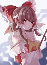 Rule 34 | 1girl, ascot, bow, brown hair, collared shirt, crossed arms, detached sleeves, dress, frilled bow, frilled hair tubes, frilled shirt collar, frills, gohei, hair bow, hair tubes, hakurei reimu, highres, holding, medium hair, open mouth, red bow, red dress, red eyes, red shirt, red vest, ribbon-trimmed sleeves, ribbon trim, shirt, sleeveless, sleeveless dress, sleeveless shirt, solo, touhou, vest, yellow ascot, yomogi 9392