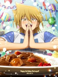 Rule 34 | 1boy, :d, balloon, blonde hair, blush, commentary request, curry, dated, food, from below, hair between eyes, happy birthday, jonouchi katsuya, koma yoichi, male focus, open mouth, own hands together, party, rice, shirt, short sleeves, smile, solo, sparkle, sparkling eyes, t-shirt, teeth, tongue, yellow eyes, yu-gi-oh!, yu-gi-oh! duel monsters