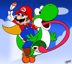 Rule 34 | 1boy, artist name, blue eyes, blue sky, boots, brown hair, cape, cape mario, dinosaur, facial hair, feathers, full body, gloves, hat, jumping, koopa shell, mario, mario (series), mustache, nintendo, open mouth, overalls, ridding, sitting, sky, solo, super mario world, tail, tongue, tongue out, vore, yoshi