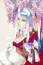 Rule 34 | 1girl, bad id, bad pixiv id, bird, blue eyes, flower, green eyes, hair in own mouth, heterochromia, horns, japanese clothes, mouth hold, nail polish, original, peacock, satsuyu ito, silver hair, solo, tree, wisteria