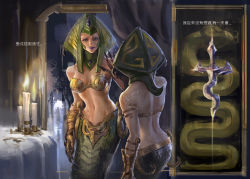 Rule 34 | 1girl, armor, back, bare shoulders, bikini, bikini armor, bikini top only, breasts, candle, cassiopeia (league of legends), chinese text, forehead jewel, gauntlets, green eyes, guan-yu chen, headdress, lamia, league of legends, lipstick, makeup, mirror, mirror image, monster girl, navel, purple lips, reflection, scales, snake tail, solo, swimsuit, tail, traditional chinese text, translation request, yellow bikini