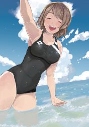 Rule 34 | 10s, 1girl, :d, ^ ^, bad id, bad pixiv id, breasts, brown hair, closed eyes, cloud, competition swimsuit, day, closed eyes, highres, love live!, love live! sunshine!!, ocean, one-piece swimsuit, open mouth, short hair, sky, smile, solo, swimsuit, watanabe you, water, yadamou