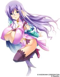 Rule 34 | 1girl, absurdres, ass, blue eyes, breasts, china dress, chinese clothes, cleavage, cleavage cutout, clothing cutout, detached sleeves, dress, female focus, full body, high heels, highres, koihime musou, kouchuu, large breasts, long hair, mature female, no panties, official art, purple hair, shoes, side slit, smile, solo, standing, standing on one leg, thighhighs, transparent background, yatsuha kanan