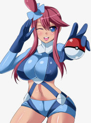 Rule 34 | 10s, 1girl, alternate color, blue eyes, blue gloves, blush, breasts, covered erect nipples, creatures (company), game freak, gloves, gym leader, hair ornament, large breasts, long hair, looking at viewer, midriff, navel, nintendo, nishida megane, one eye closed, open mouth, pokemon, pokemon bw, pokemon bw2, red hair, salute, shiny clothes, shiny skin, short shorts, shorts, skin tight, skyla (pokemon), solo, suspenders, white background