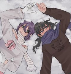 2girls black_eyes black_hair brown_sweater chainsaw_man gloves green_eyes heart_hands_failure highres lying mitaka_asa multiple_girls nintendwww on_back outdoors purple_hair purple_scarf reze_(chainsaw_man) scarf snow sweater thumbs_up white_gloves white_scarf white_sweater