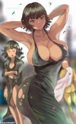 Rule 34 | 1boy, 2girls, arachnart, armpits, arms behind head, bare arms, bare shoulders, black dress, black hair, breasts, cape, cleavage, closed mouth, collarbone, cowboy shot, dress, fubuki (one-punch man), green eyes, green hair, highres, large breasts, looking at viewer, multiple girls, one-punch man, outdoors, saitama (one-punch man), sideboob, standing, tatsumaki, torn clothes