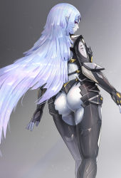Rule 34 | 1girl, ass, blue hair, duplicate, elma (true form) (xenoblade x), elma (xenoblade x), feet out of frame, fingerless gloves, from behind, gloves, gonzarez, gradient background, grey background, highres, light blue hair, long hair, pointy ears, solo, very long hair, xenoblade chronicles (series), xenoblade chronicles x