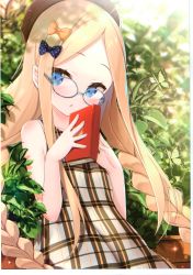 Rule 34 | 1girl, abigail williams (fate), absurdres, alternate costume, alternate hairstyle, animal, bare arms, bare shoulders, beret, bespectacled, black bow, black hat, blonde hair, blue eyes, blush, book, bow, braid, brown dress, bug, butterfly, collarbone, day, dress, fate/grand order, fate (series), fingernails, forehead, glasses, grey-framed eyewear, hair bow, hands up, hat, highres, holding, holding book, insect, leaf, long hair, looking at viewer, low twintails, non-web source, orange bow, outdoors, parted bangs, parted lips, plaid, plaid dress, plant, polka dot, polka dot bow, round eyewear, scan, sleeveless, sleeveless dress, solo, sunlight, twin braids, twintails, upper body, very long hair, yano mitsuki (nanairo)