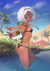 Rule 34 | 1girl, armlet, ass, bangle, bare shoulders, bikini, black bikini, bracelet, breasts, circlet, dark-skinned female, dark skin, day, flat chest, halterneck, highres, jewelry, looking at viewer, looking back, neck ring, necklace, oasis, open mouth, original, outdoors, outstretched arms, palm tree, parted bangs, red eyes, shezhara, short hair, sky, small breasts, solo, string bikini, swimsuit, tent, thighs, tree, wading, water, wet, white hair