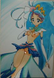 Rule 34 | 1girl, absurdres, ashigaki radar, blue background, blue eyes, blue hair, blue skirt, boots, breasts, censored, cure mermaid, detached collar, earrings, gloves, go! princess precure, hair ornament, hand on own chest, high heels, highres, jewelry, kaidou minami, leg up, long hair, looking down, multicolored hair, navel, necklace, nipples, no panties, pearl necklace, ponytail, precure, purple hair, pussy, shell, shell earrings, showgirl skirt, skirt, small breasts, smile, standing, topless, two-tone hair, upskirt, white footwear, white gloves