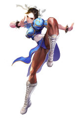 Rule 34 | 1girl, black hair, boots, bracelet, breasts, brown pantyhose, bun cover, capcom, china dress, chinese clothes, chun-li, cross-laced footwear, double bun, dress, electric sheep, fighting stance, full body, hair bun, highres, jewelry, lace-up boots, pantyhose, pelvic curtain, sash, see-through, see-through legwear, side slit, solo, spiked bracelet, spikes, standing, standing on one leg, street fighter, white background