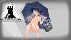 Rule 34 | 1girl, absurdres, arknights, bag, blue nails, breasts, chinese commentary, cleft of venus, commentary request, completely nude, dotted background, feet, female focus, full body, grey background, grey hair, hair over one eye, handbag, hat, highres, holding, holding bag, holding handbag, holding umbrella, knee up, large breasts, logo, long hair, nail polish, nipples, nude, nudist, orchid (arknights), pussy, simple background, smile, solo, umbrella, uncensored, xiaoxi0619, yellow eyes