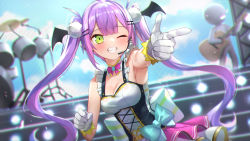 Rule 34 | 1girl, armpits, blue bow, blush, bow, bowtie, breasts, cleavage, commentary, concert, corset, dress, drum, drum set, ear piercing, earpiece, facing viewer, finger gun, frilled skirt, frills, gloves, grin, guitar, hair ornament, hairclip, head wings, highres, hololive, index finger raised, instrument, large bow, medium breasts, microphone, mr.lime, multicolored hair, no headwear, official alternate costume, one eye closed, piercing, pink bow, pink bowtie, pink hair, pointing, pom pom (clothes), purple hair, skirt, sleeveless, sleeveless dress, smile, solo, stage lights, streaked hair, striped, striped bow, sweat, teeth, tokoyami towa, twintails, two-tone hair, underbust, upper body, virtual youtuber, white bow, white dress, white gloves, wings