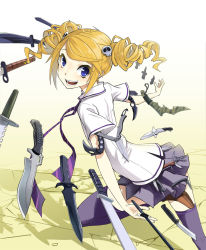 Rule 34 | blonde hair, blue eyes, drill hair, highres, hk33, knife, scissors, solo, thighhighs, twin drills