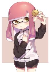Rule 34 | 1girl, black shorts, blunt bangs, blunt ends, blush, brown eyes, closed mouth, commentary request, cowboy shot, dolphin shorts, grey background, hair ornament, highres, inkling, inkling girl, inkling player character, jacket, looking at viewer, mask, medium hair, nintendo, outside border, pink hair, pointy ears, raglan sleeves, short shorts, shorts, solo, standing, tentacle hair, white jacket, yuzutouhu ika, zipper