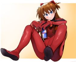 Rule 34 | 1girl, ass, blue eyes, blush, bodysuit, breasts, brown hair, can, full body, gradient background, hair between eyes, head tilt, holding, holding can, interface headset, kumaartsu, letterboxed, looking at viewer, neon genesis evangelion, paid reward available, pilot suit, plugsuit, red bodysuit, red bull, sitting, small breasts, solo, souryuu asuka langley, two side up, v-shaped eyebrows, wide hips
