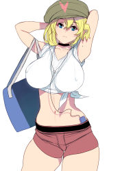 Rule 34 | 1girl, armpits, arms behind head, arms up, bag, belt, black neckwear, blonde hair, blue eyes, breasts, breasts apart, cabbie hat, cable, choker, closed mouth, collarbone, contrapposto, covered erect nipples, cowboy shot, crop top, digital media player, earphones, expressionless, green hat, hair between eyes, handbag, hat, head tilt, highres, hip focus, impossible clothes, impossible shirt, kouno (masao), large breasts, looking at viewer, midriff, mole, mole on arm, navel, no bra, original, peaked cap, pink shorts, see-through, shirt, short hair, short shorts, short sleeves, shorts, shoulder bag, simple background, skin tight, skindentation, solo, standing, thick thighs, thighs, tied shirt, white background, white shirt