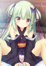 Rule 34 | 1girl, :t, bad id, bad pixiv id, bare shoulders, black sleeves, blush, brown eyes, butterfly hair ornament, cameltoe, closed mouth, commentary request, detached sleeves, green hair, hair between eyes, hair ornament, hair ribbon, highres, indoors, japanese clothes, kimono, long hair, long sleeves, looking at viewer, moyasi06 25, murasame (senren), panties, pout, purple kimono, purple ribbon, ribbon, senren banka, sitting, sleeves past wrists, solo, spread legs, two side up, underwear, very long hair, white panties, wide sleeves