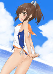 Rule 34 | 1girl, ass, blue one-piece swimsuit, blush, brown eyes, brown hair, clothes pull, cloud, from behind, i-401 (kancolle), kantai collection, long hair, ocean, one-piece swimsuit, one-piece tan, open mouth, ozaki mirai, ponytail, shirt, shirt pull, side-tie shirt, sky, sleeveless, sleeveless shirt, standing, swimsuit, tan, tanline, torn clothes, torn swimsuit, water, white shirt