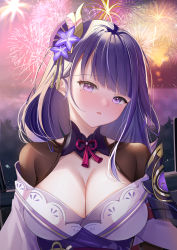Rule 34 | 1girl, absurdres, armor, blush, breasts, cleavage, commentary request, fireworks, flower, genshin impact, hair ornament, highres, japanese clothes, kimono, large breasts, long hair, looking at viewer, mole, mole under eye, obi, obiage, open mouth, purple eyes, purple flower, purple hair, raiden shogun, ribbon, sash, shoulder armor, solo, tassel, tomoe (symbol), zhongwu chahui