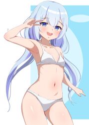 Rule 34 | 1girl, absurdres, amami ami, armpits, belly, blue eyes, blue hair, blush, bra, breasts, commission, flat chest, highres, knee up, knees up, long hair, looking at viewer, navel, nose, open mouth, panties, prism project, simple background, small breasts, teeth, thighs, underwear, underwear only, v, virtual youtuber, white bra, white panties