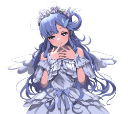 Rule 34 | 1girl, absurdres, asari nanami, bare shoulders, blue bow, blue dress, blue eyes, blue hair, blue scrunchie, blue sleeves, blush, bow, breasts, closed mouth, collarbone, detached sleeves, dot nose, dress, dress bow, fake wings, fish hair ornament, flower wreath, hair ornament, hair rings, hands up, highres, idolmaster, idolmaster cinderella girls, idolmaster cinderella girls starlight stage, layered dress, long hair, looking at viewer, nutsiqu, scrunchie, short sleeves, simple background, small breasts, smile, solo, strapless, strapless dress, very long hair, white background, wings, wrist scrunchie