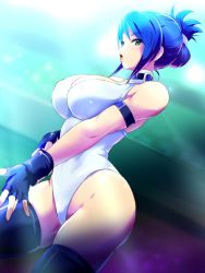 Rule 34 | 1girl, armband, bad id, bad twitter id, black gloves, black thighhighs, blair dame, blue hair, boots, breasts, cleavage, covered erect nipples, detached collar, fingerless gloves, folded ponytail, gloves, green eyes, highres, konpeto, large breasts, leotard, solo, street fighter, street fighter ex (series), thigh boots, thighhighs