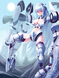 Rule 34 | 1girl, armor, bad id, bad pixiv id, blue hair, breasts, doku-chan (dokkudokudoku), highres, large breasts, long hair, mecha musume, mechanical arms, mechanical legs, original, oversized limbs, red eyes, robot ears, solo, very long hair