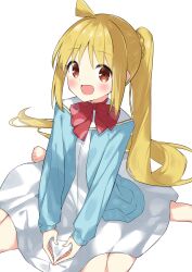 Rule 34 | 1girl, :d, ahoge, barefoot, blonde hair, blue jacket, bocchi the rock!, bow, braid, brown eyes, commentary request, dress, highres, ijichi nijika, jacket, long hair, looking at viewer, open clothes, open jacket, open mouth, red bow, sailor collar, sailor dress, side ponytail, sidelocks, simple background, sitting, smile, solo, suta0822, very long hair, wariza, white background, white dress, white sailor collar