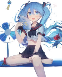 Rule 34 | 1girl, absurdres, black bow, black bowtie, black sailor collar, black skirt, blue eyes, blue hair, blush, bottle miku, bow, bowtie, collarbone, crop top, cropped shirt, electric fan, fang, fanning self, fish, food, foot out of frame, fruit, goldfish, hair between eyes, hair ribbon, hand fan, hand on own ankle, hatsune miku, highres, holding, holding fan, liquid hair, long hair, looking at viewer, mihoranran, miniskirt, navel, open mouth, original, pleated skirt, rectangular mouth, ribbon, sailor collar, school uniform, serafuku, shirt, short sleeves, sidelocks, simple background, sitting, skin fang, skirt, slit pupils, solo, stomach, submerged, sweat, thighs, twintails, underwater, vocaloid, watermelon, watermelon slice, white background, white shirt, wind chime