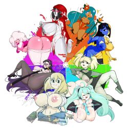 Rule 34 | 6+girls, absurdres, aqua hair, ass, bandages, black eyes, black hair, blonde hair, blood, blue skin, blush, boots, breasts, cleft of venus, color wheel challenge, colored skin, cross, crossover, dark-skinned female, dark skin, dusk (scooby-doo), embarrassed, ena (joel g), ena (series), endless inferno, evil smile, facial mark, fallout (series), femshow, fishnets, flower, flower on head, green hair, grey skin, gun, hatsune miku, heels, highres, hood, huge breasts, iori (project moon), lactation, large breasts, long hair, multicolored skin, multiple drawing challenge, multiple girls, navel, nervous, nipples, nl industries, one eye closed, open mouth, pink diamond (steven universe), pink eyes, pink skin, project moon, pussy, red eyes, rose quartz universe, scooby-doo, skirt, smile, smileearrings, spread legs, steven universe, surprised, sweat, sword, thighhighs, tiger lily cookie, torn clothes, transparent background, twintails, two-tone skin, vault girl, vocaloid, weapon, white hair, white thighhighs, yellow skin