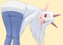 Rule 34 | 1girl, :o, ass, bent over, black sclera, blue pants, colored sclera, easy (aqk7bdqt), hair between eyes, hime-sama &quot;goumon&quot; no jikan desu, horns, long hair, long sleeves, looking at viewer, lulune (himesama goumon), pants, pink eyes, pointy ears, simple background, solo, sweater, white hair, white sweater, yellow background