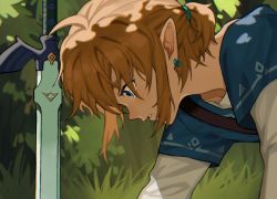 Rule 34 | 1boy, blonde hair, blue eyes, blue shirt, commentary, crying, crying with eyes open, earrings, english commentary, forest, jewelry, layered sleeves, liang yuan tu, link, long sleeves, low ponytail, male focus, master sword, nature, nintendo, pointy ears, shadow, shirt, short over long sleeves, short sleeves, solo, sword, tears, the legend of zelda, the legend of zelda: breath of the wild, weapon