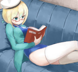 Rule 34 | 10s, 1girl, blonde hair, blue eyes, breasts, couch, crossed legs, glasses, hat, highres, i-8 (kancolle), kantai collection, large breasts, long sleeves, low twintails, okitsugu, on couch, one-piece swimsuit, open clothes, reading, red-framed eyewear, sailor hat, school swimsuit, semi-rimless eyewear, smile, swimsuit, swimsuit under clothes, thighhighs, twintails, under-rim eyewear, white thighhighs