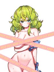 Rule 34 | 1girl, absurdres, arm under breasts, blue gloves, blush, boku no hero academia, breasts, caution tape, colored eyelashes, contrapposto, convenient censoring, gloves, gluteal fold, grabbing own arm, green eyes, green hair, groin, hagakure tooru, hair between eyes, highres, keep out, large breasts, long hair, looking at viewer, medium breasts, navel, nude, o2h2 oh4, solo, sweat, thigh gap, thighs, unusually visible, white background
