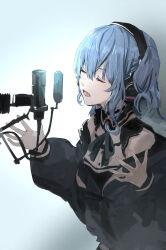 Rule 34 | 1girl, black jacket, black shirt, blue hair, breasts, closed eyes, commentary, english commentary, eyelashes, gradient background, green ribbon, grey background, hair between eyes, headphones, highres, hololive, hoshimachi suisei, hoshimachi suisei (streetwear), jacket, light blue hair, medium hair, microphone, music, neck ribbon, off shoulder, open clothes, open hands, open jacket, open mouth, pop filter, ribbon, shirt, simple background, singing, sleeveless, sleeveless shirt, small breasts, solo, standing, studio microphone, upper body, virtual youtuber, yami ara